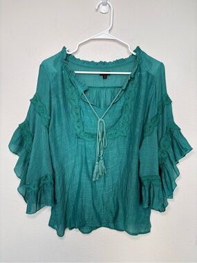 Coco + Carmen Teal Boho Peasant Top Ruffle Sleeve Tassel Tie Blouse Small Medium